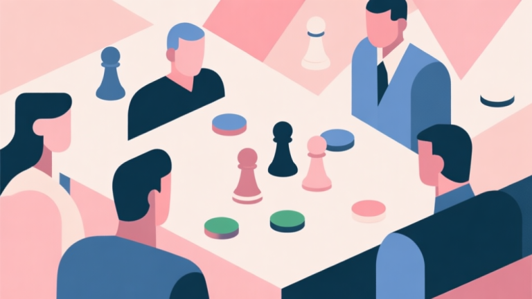 自动生成图片: Abstract geometric composition with overlapping shapes representing game pieces and players, soft pastel colors, modern minimal style, professional concept illustration of group interaction and competition high quality illustration, detailed, 16:9