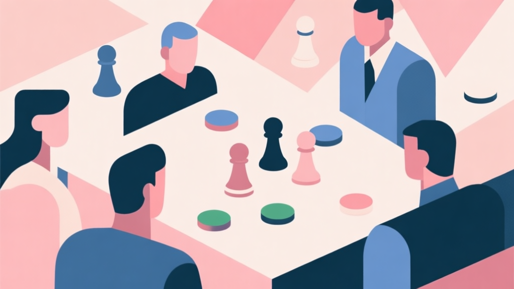 Abstract geometric composition with overlapping shapes representing game pieces and players, soft pastel colors, modern minimal style, professional concept illustration of group interaction and competition high quality illustration, detailed, 16:9
