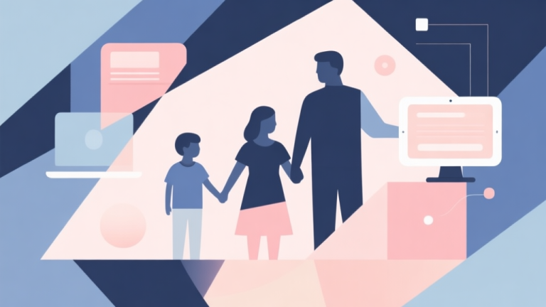 自动生成图片: Abstract geometric composition with overlapping shapes representing family and digital elements, soft pastel colors, modern minimal style, professional concept illustration of merging worlds high quality illustration, detailed, 16:9