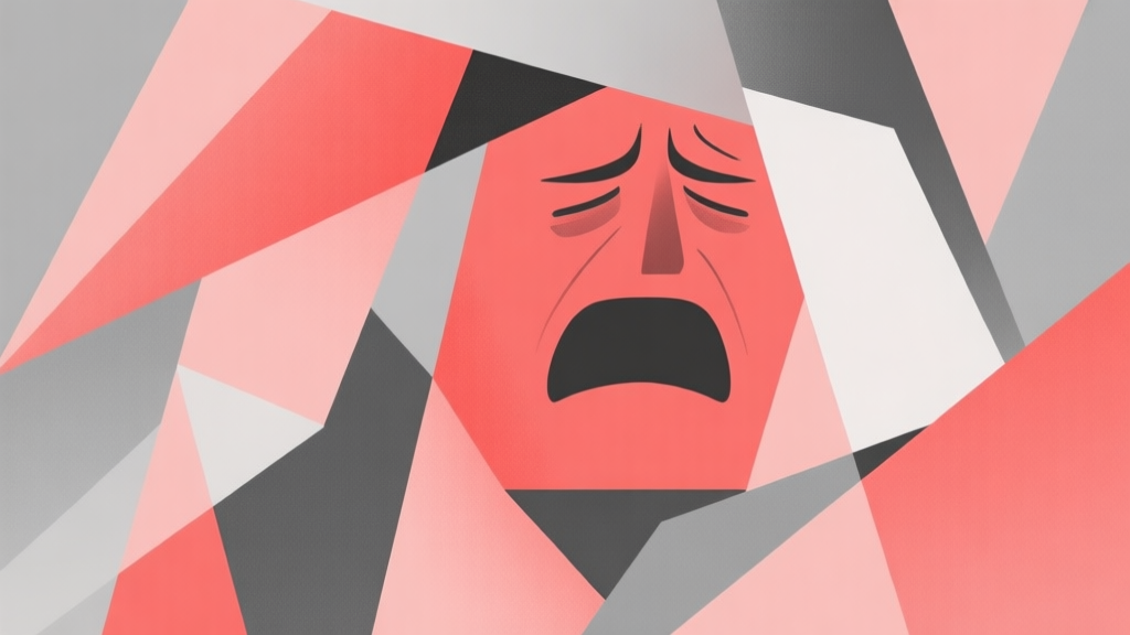 Abstract geometric composition with overlapping shapes representing challenge and frustration, soft red and gray color scheme, modern minimal style, professional psychology concept illustration high quality illustration, detailed, 16:9