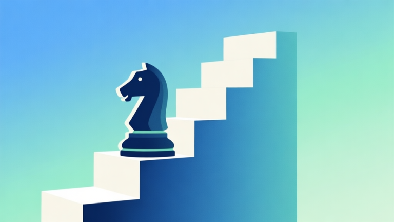 自动生成图片: Abstract geometric composition with a chess knight piece integrated into a rising staircase of simple blocks, soft gradient background of blue and green, representing growth and learning, clean minimal design, professional concept illustration high quality illustration, detailed, 16:9