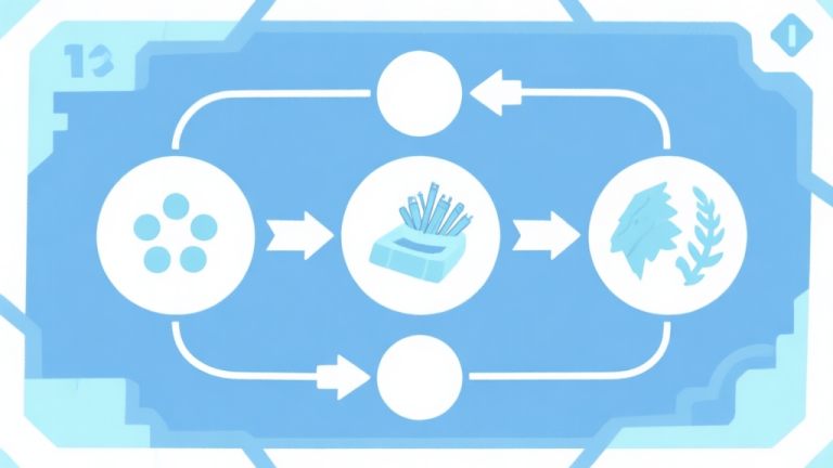 自动生成图片: Simple flowchart illustration with connected circles and arrows representing gathering, crafting, and survival, light blue and white color scheme, clean minimal design, game concept style high quality illustration, detailed, 16:9