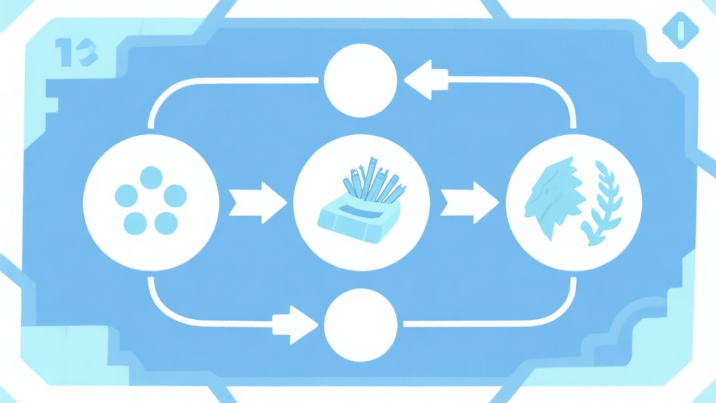 Simple flowchart illustration with connected circles and arrows representing gathering, crafting, and survival, light blue and white color scheme, clean minimal design, game concept style high quality illustration, detailed, 16:9