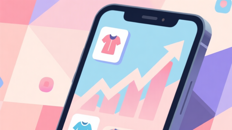自动生成图片: Abstract geometric composition showing a smartphone screen with clothing icons and upward trending graph, soft pastel colors, modern minimal style, representing mobile game growth and creativity high quality illustration, detailed, 16:9