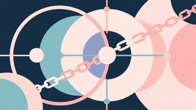 自动生成图片: Abstract geometric composition with overlapping circles and lines showing chain reactions, soft pastel colors, modern minimal style, professional game strategy concept illustration high quality illustration, detailed, 16:9