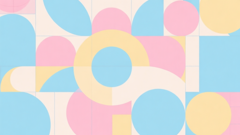 自动生成图片: Abstract geometric composition with overlapping circles in a grid pattern, soft pastel colors like light blue, pink and yellow, modern minimal style, professional game strategy concept illustration high quality illustration, detailed, 16:9