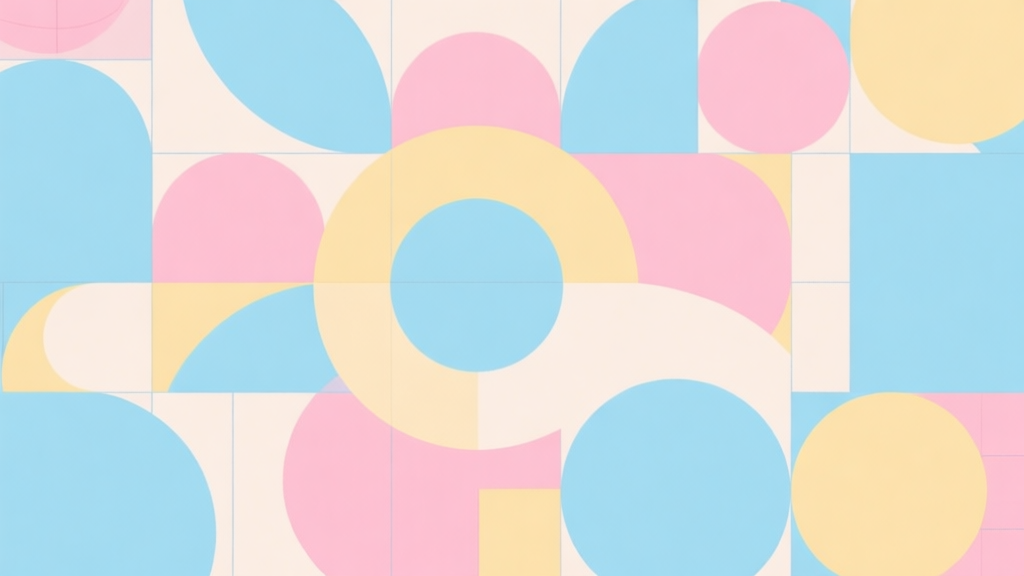 Abstract geometric composition with overlapping circles in a grid pattern, soft pastel colors like light blue, pink and yellow, modern minimal style, professional game strategy concept illustration high quality illustration, detailed, 16:9