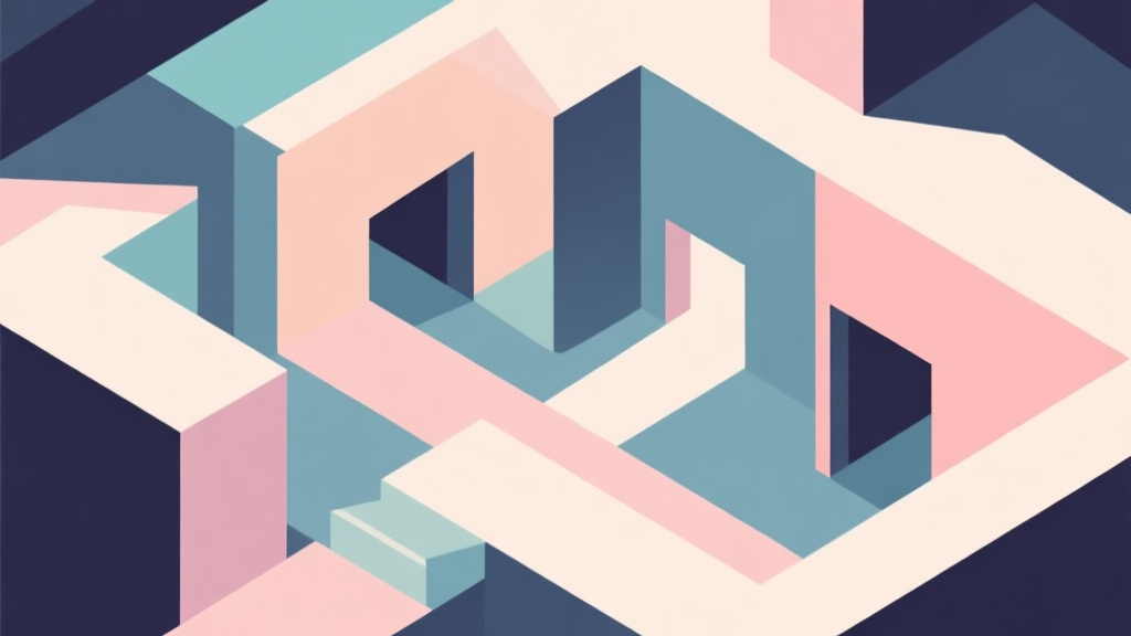 Abstract geometric composition with overlapping shapes in soft pastel colors, depicting hidden pathways and secret compartments, modern minimal style, professional game concept illustration high quality illustration, detailed, 16:9