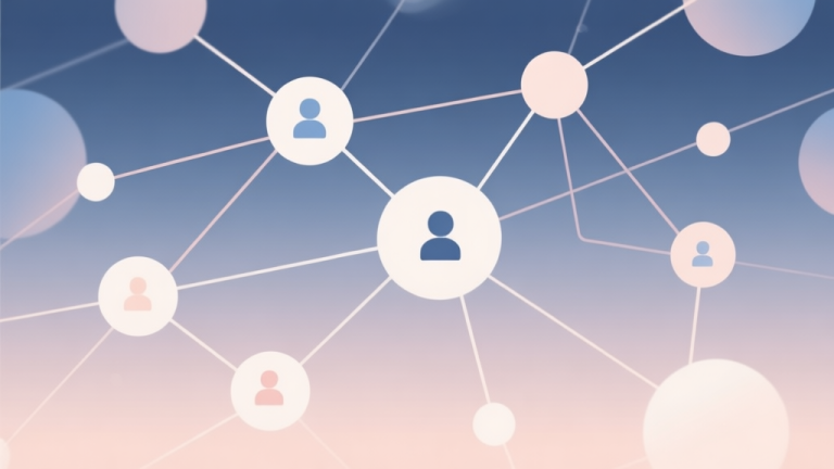 自动生成图片: Abstract network nodes connected by lines, soft color scheme, clean minimal illustration, modern digital concept of social interaction and community high quality illustration, detailed, 16:9