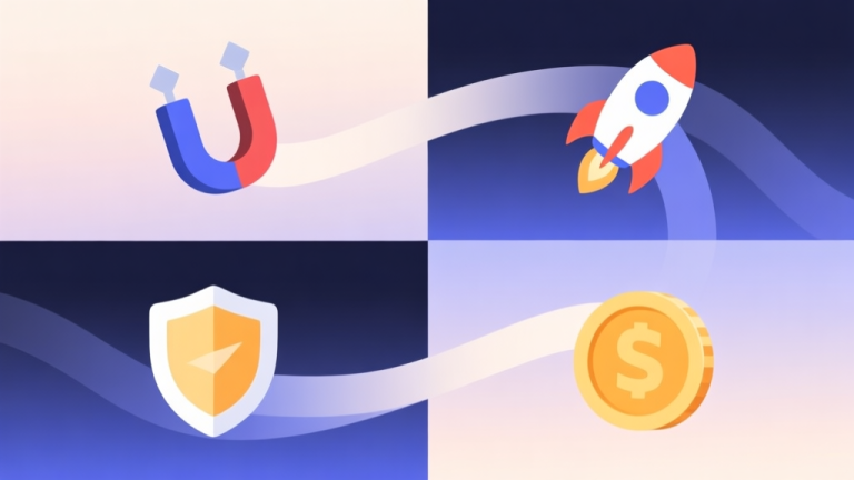 自动生成图片: Abstract geometric composition with four distinct sections, each representing a different game power-up icon (magnet, shield, rocket, coin), connected by flowing lines, soft gradient background, clean minimal design, professional analysis concept high quality illustration, detailed, 16:9