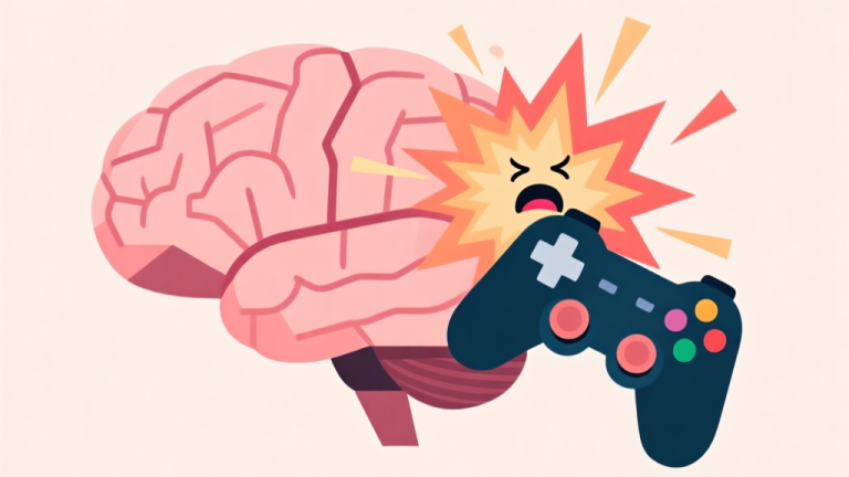 自动生成图片: Abstract geometric composition showing a brain with a game controller and an explosion of conflicting emotions like frustration and joy, soft pastel colors, modern minimal style, professional psychology concept illustration high quality illustration, detailed, 16:9
