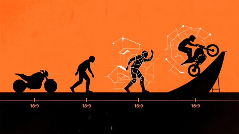 自动生成图片: Abstract timeline illustration showing evolution from a simple motorcycle silhouette to complex stunt poses and digital polygons, using a gritty orange and black color scheme, minimalist design, concept of progression high quality illustration, detailed, 16:9
