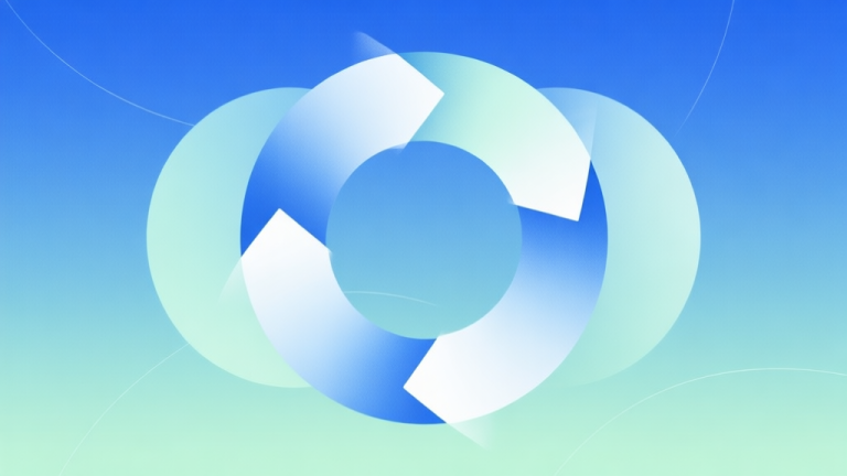 自动生成图片: Abstract geometric composition with overlapping circles and arrows forming a cycle, soft blue and green gradient background, modern minimal style, professional psychology concept illustration high quality illustration, detailed, 16:9