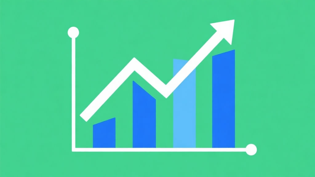 Upward trending graph with simple geometric elements, green and blue color palette, clean business infographic style, minimal design high quality illustration, detailed, 16:9