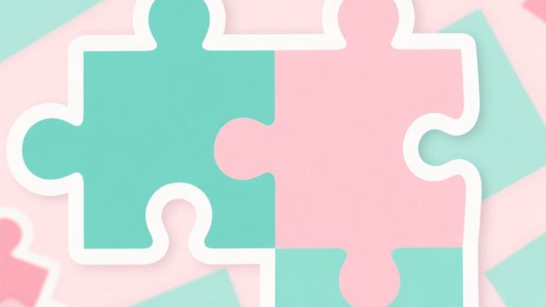 自动生成图片: Abstract geometric composition with overlapping puzzle pieces and sticker shapes, soft pastel colors like mint green and baby pink, modern minimal style, representing creativity and child development high quality illustration, detailed, 16:9