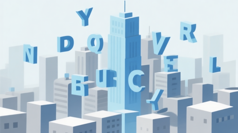 自动生成图片: Abstract geometric cityscape built from floating letters and words, soft blue and grey color scheme, clean minimal design, modern puzzle game concept illustration high quality illustration, detailed, 16:9