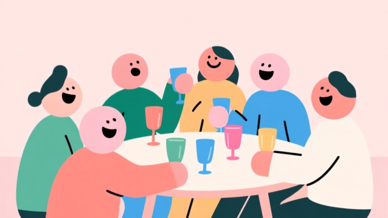 自动生成图片: A minimalist illustration of a group of stylized, simple human figures gathered around a table with colorful glasses, laughing and interacting. Soft pastel background, clean lines, flat design style, conveying a fun and social atmosphere. high quality illustration, detailed, 16:9