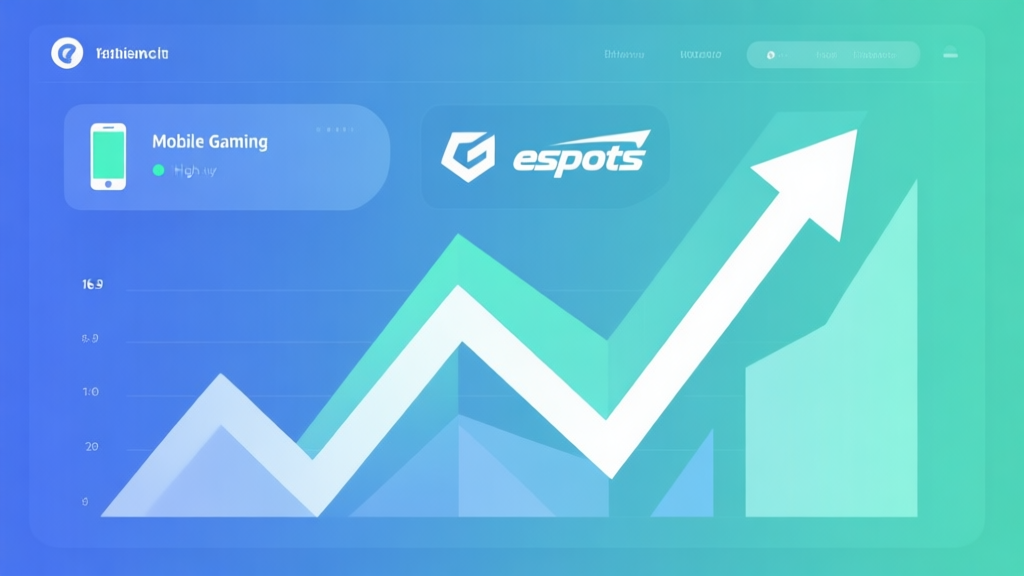 Minimalist business dashboard with abstract data visualization showing upward trends, soft gradient background in blue and green, professional color scheme, clean geometric shapes representing growth in mobile gaming and esports high quality illustration, detailed, 16:9
