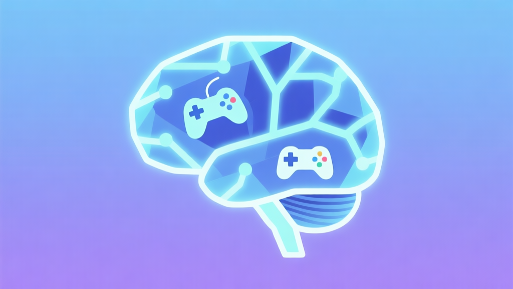 Abstract geometric brain illustration with glowing neural connections and game controller icons, soft blue and purple gradient background, modern minimal style, representing psychology and gaming high quality illustration, detailed, 16:9