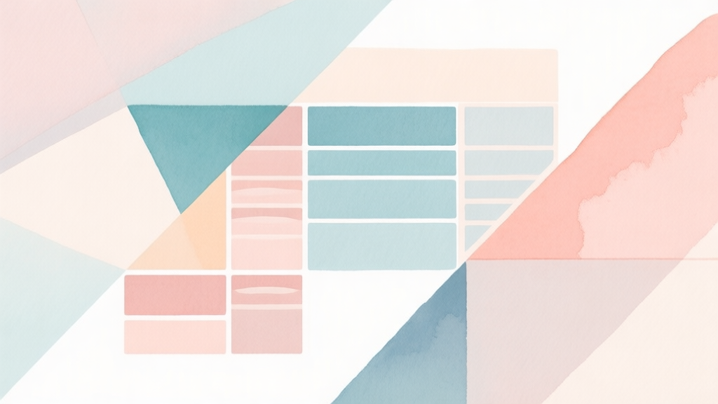 Abstract geometric composition with overlapping shapes in watercolor style, soft pastel colors blending into each other, modern minimal style, professional concept illustration of sorting and organization high quality illustration, detailed, 16:9