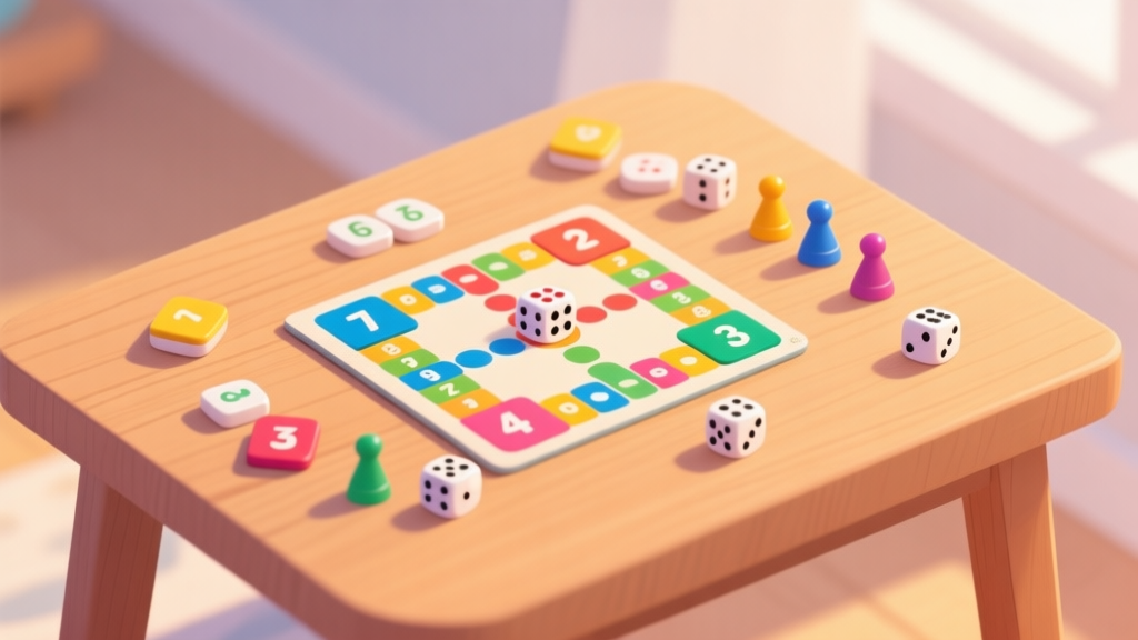 A vibrant, minimalist flat-lay of a board game setup on a wooden table. The game features colorful number tiles, dice, and player tokens. Soft natural lighting, warm and inviting color palette, clean composition, family-friendly style high quality illustration, detailed, 16:9
