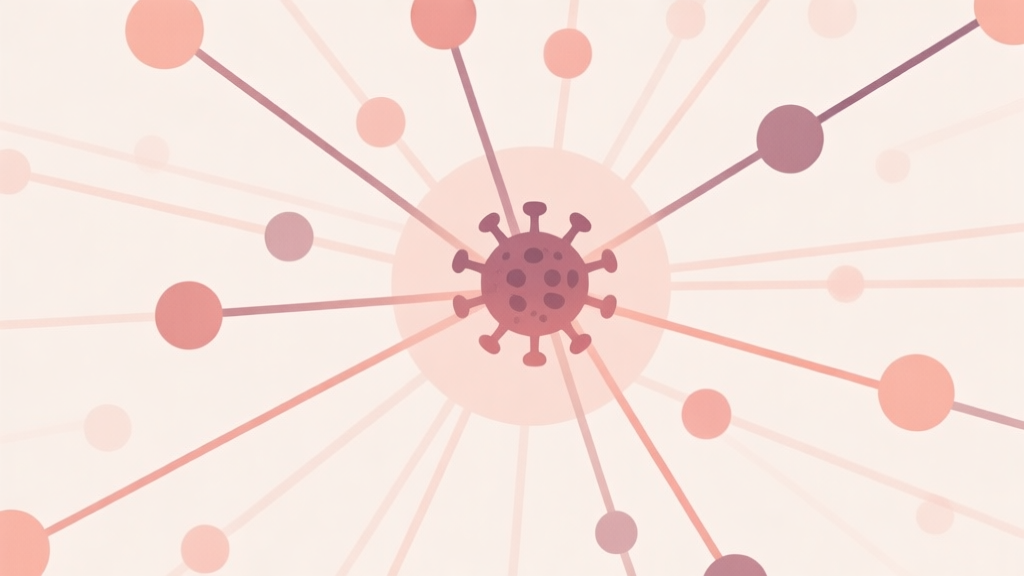 A minimalist abstract illustration showing a network of nodes and lines spreading outwards from a central point, representing viral spread, in soft pastel colors and clean geometric shapes high quality illustration, detailed, 16:9