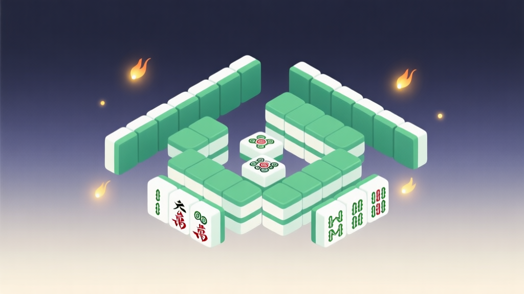 Abstract geometric composition with overlapping Mahjong tiles in a clean, modern arrangement, soft gradient background with firefly light accents, minimalist digital game concept illustration high quality illustration, detailed, 16:9