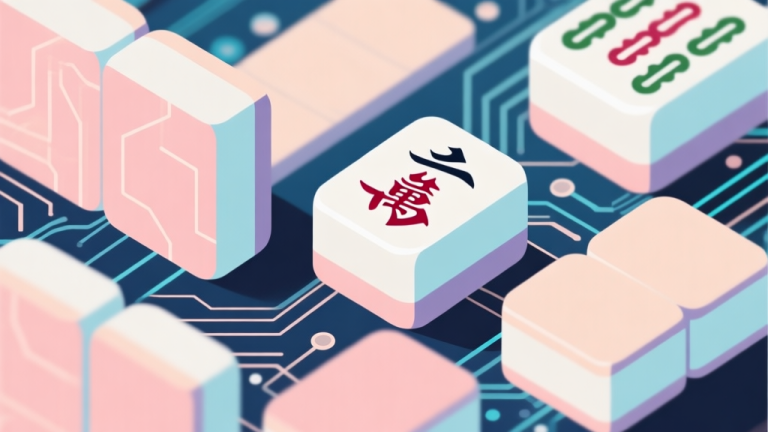 自动生成图片: Abstract geometric composition with overlapping Mahjong tiles and digital circuit patterns, soft pastel colors, modern minimal style, professional gaming concept illustration high quality illustration, detailed, 16:9
