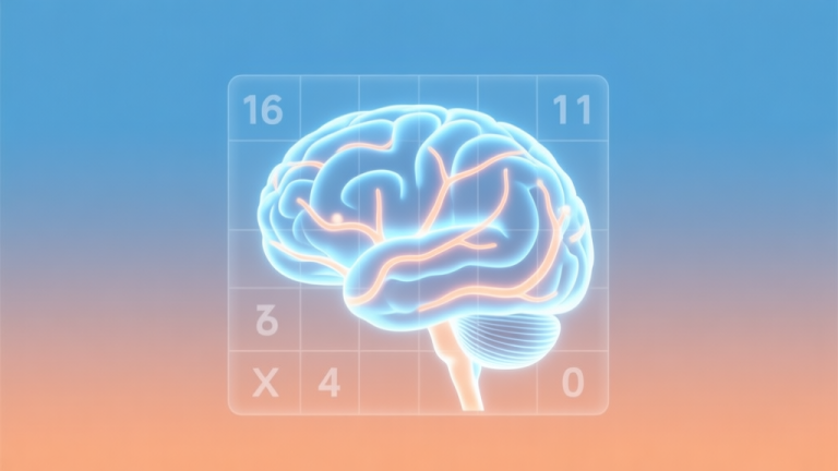 自动生成图片: A minimalist brain illustration with interconnected neural networks glowing, superimposed with a transparent Sudoku grid, soft blue and orange gradient background, clean and professional medical concept style high quality illustration, detailed, 16:9