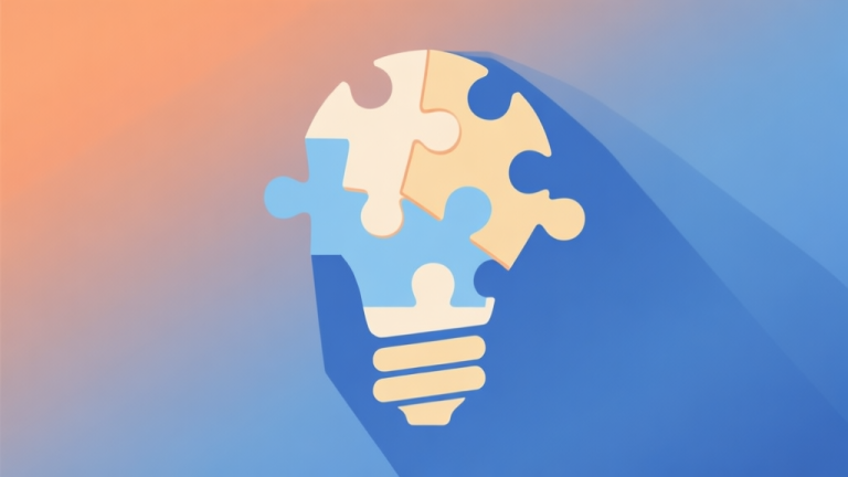 自动生成图片: Abstract geometric composition with overlapping puzzle pieces forming a lightbulb shape, soft gradient blue and orange background, clean minimal style, representing insight and strategy in game high quality illustration, detailed, 16:9