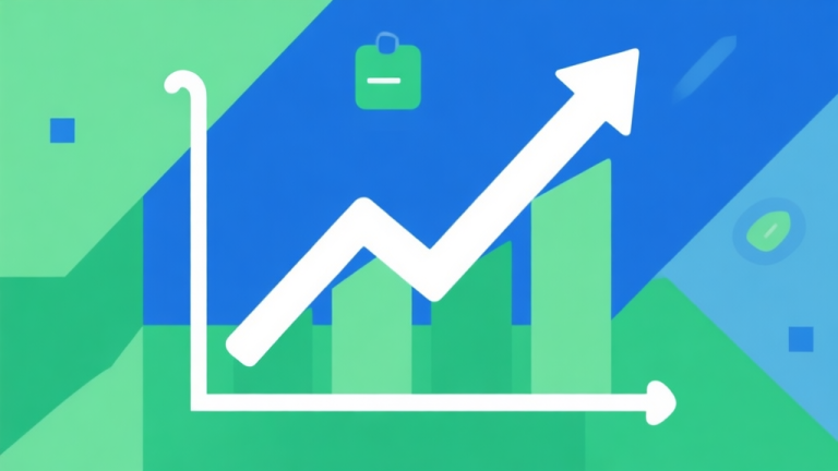 自动生成图片: Upward trending graph with simple geometric elements, green and blue color palette, clean business infographic style, minimal design, representing market growth high quality illustration, detailed, 16:9