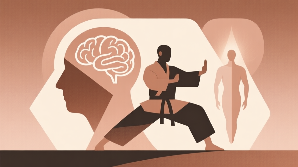 Abstract geometric composition with overlapping shapes representing mind, body, and spirit, soft earth tone colors, modern minimal style, professional concept illustration of martial arts philosophy high quality illustration, detailed, 16:9