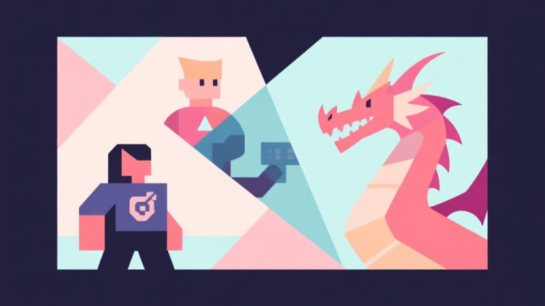 自动生成图片: Abstract geometric composition with overlapping shapes representing game characters and dragons, soft pastel colors, modern minimal style, professional gaming trend analysis concept illustration high quality illustration, detailed, 16:9