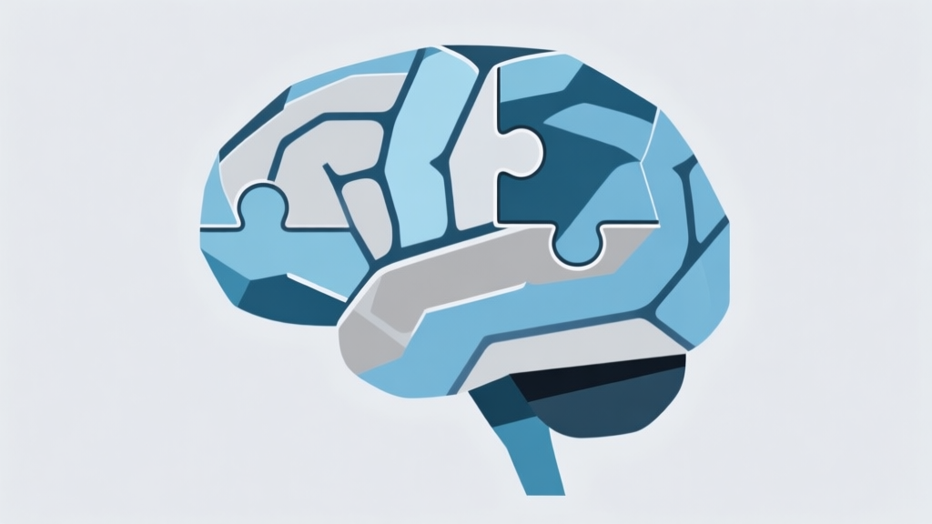 Abstract geometric brain puzzle with interlocking pieces, soft blue and grey color scheme, minimalist design, clean lines representing neural connections high quality illustration, detailed, 16:9