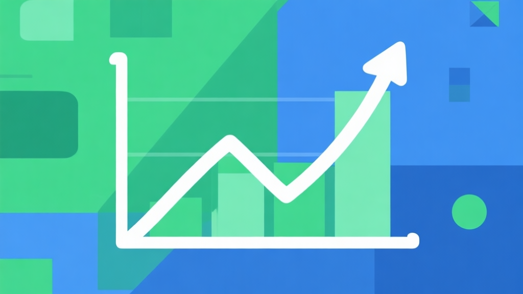 Upward trending graph with simple geometric elements, green and blue color palette, clean business infographic style, minimal design, showing exponential growth curve high quality illustration, detailed, 16:9