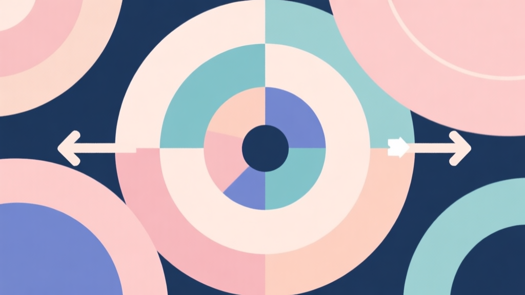 Abstract geometric composition with overlapping circles and arrows representing bounce mechanics, soft pastel colors, modern minimal style, professional game design concept illustration high quality illustration, detailed, 16:9