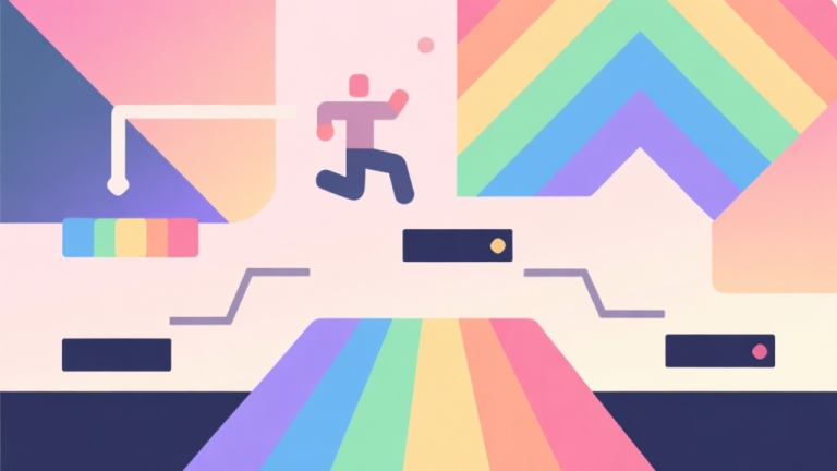 自动生成图片: Abstract geometric composition with overlapping shapes representing game mechanics like jumping, timing, and precision, soft pastel rainbow colors, modern minimal style, professional game design concept illustration high quality illustration, detailed, 16:9