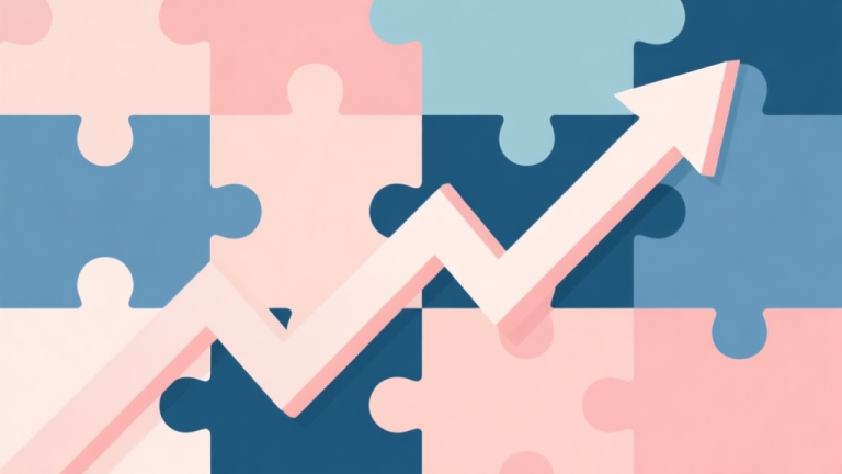 自动生成图片: Abstract geometric composition with overlapping puzzle pieces and upward trending arrow, soft pastel colors, modern minimal style, professional growth concept illustration high quality illustration, detailed, 16:9