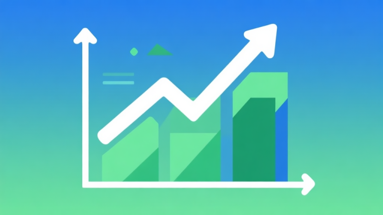 自动生成图片: Upward trending graph with simple geometric elements, green and blue color palette, clean business infographic style, minimal design, representing growth trend high quality illustration, detailed, 16:9