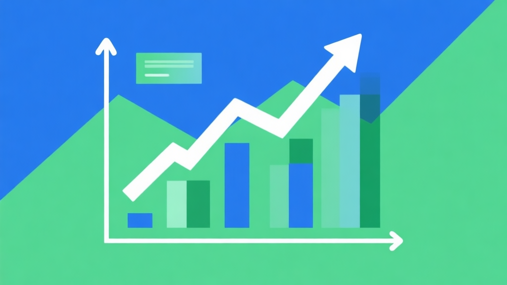 Upward trending graph with simple geometric elements, green and blue color palette, clean business infographic style, minimal design, representing market growth high quality illustration, detailed, 16:9