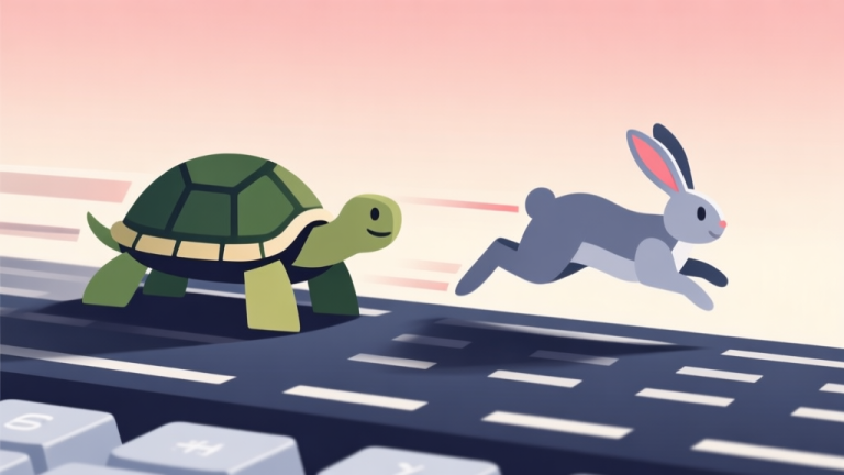 自动生成图片: Abstract geometric composition showing a slow turtle and a fast rabbit on a keyboard race track, soft gradient background, professional color scheme, clean minimal design, speed comparison concept high quality illustration, detailed, 16:9