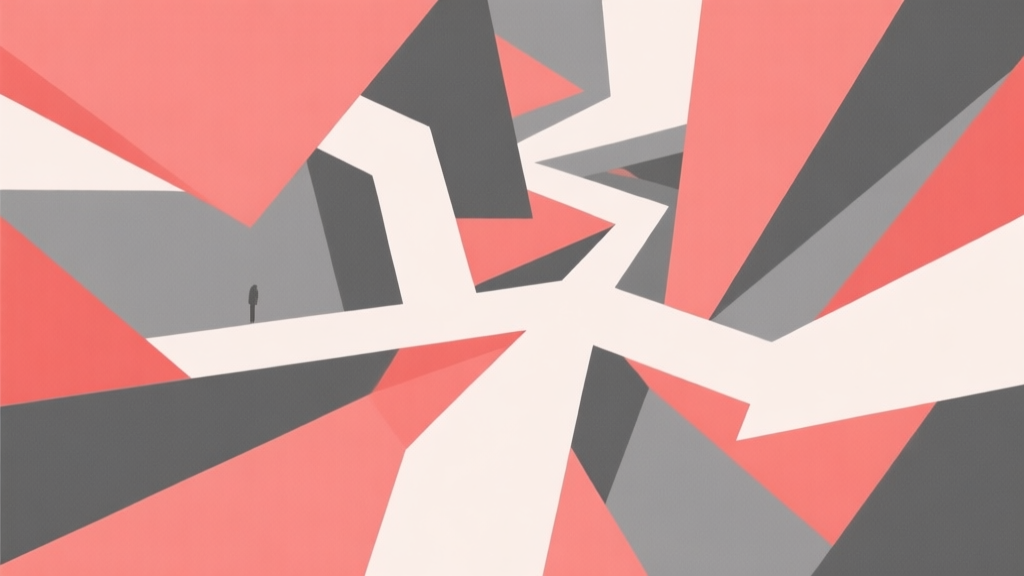 Abstract geometric composition with overlapping shapes representing confusion and wrong paths, soft red and gray color scheme, modern minimal style, professional business concept illustration of mistakes high quality illustration, detailed, 16:9