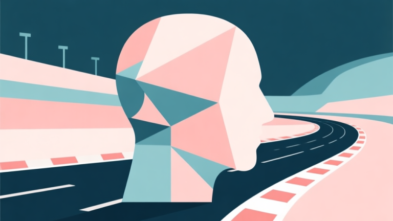 自动生成图片: Abstract geometric composition with overlapping shapes representing a human head and a racing track merging together, soft pastel colors, modern minimal style, professional concept illustration of mind and performance high quality illustration, detailed, 16:9