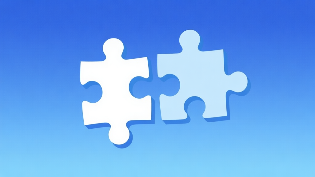 Simple puzzle pieces connecting together, gradient blue background, clean flat design, business solution concept, minimalist style high quality illustration, detailed, 16:9