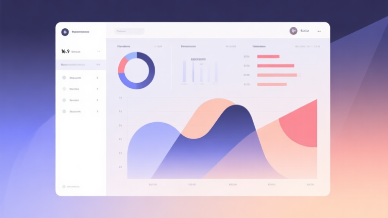 自动生成图片: Minimalist business dashboard with abstract data visualization, soft gradient background, professional color scheme, clean geometric shapes, flat design style high quality illustration, detailed, 16:9