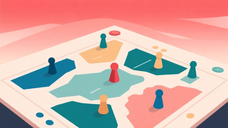 自动生成图片: A minimalist aerial view of a stylized game board with abstract territory divisions, player pieces in distinct colors, and a subtle red gradient sky in the background, clean geometric design, soft colors high quality illustration, detailed, 16:9