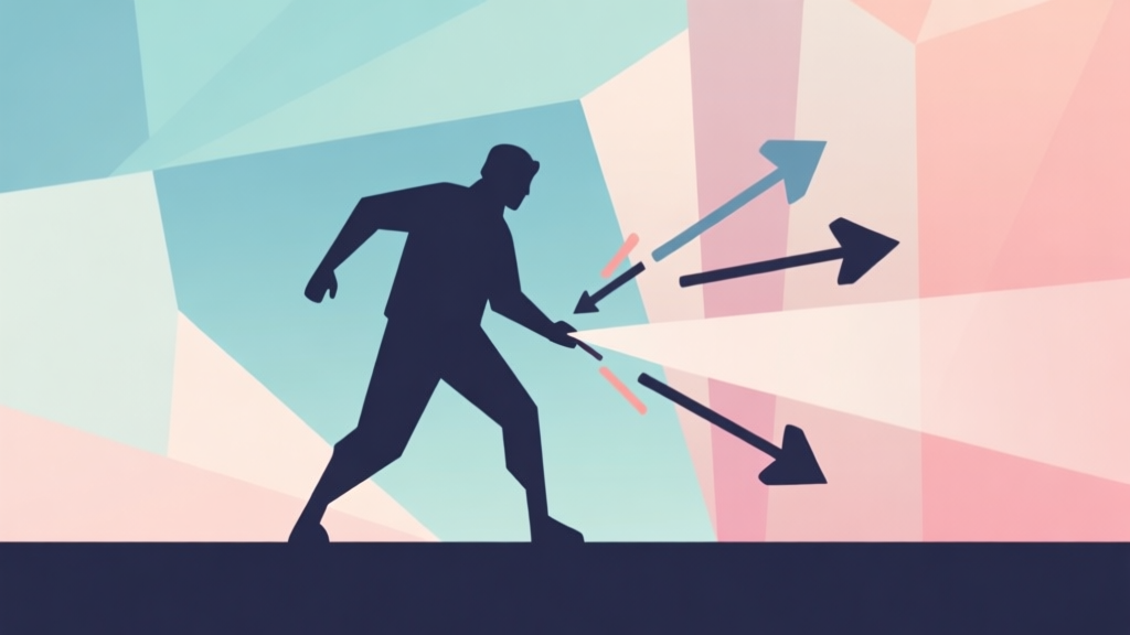 Abstract geometric composition showing a character silhouette interacting with arrows representing forces like gravity and momentum, soft pastel colors, modern minimal style, professional game physics concept illustration high quality illustration, detailed, 16:9