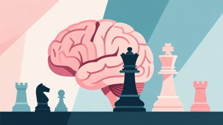 自动生成图片: Abstract geometric composition with overlapping brain and chess pieces, soft pastel colors, modern minimal style, professional concept of mental strategy high quality illustration, detailed, 16:9