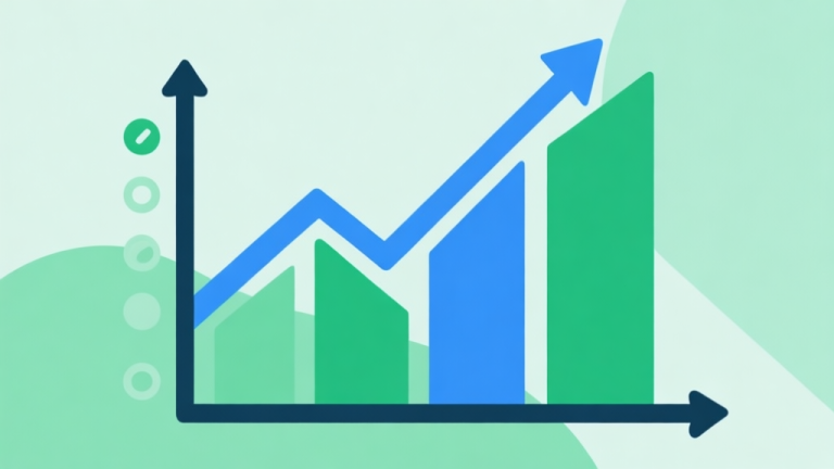 自动生成图片: Upward trending graph with simple geometric elements, green and blue color palette, clean business infographic style, minimal design, representing growth trend high quality illustration, detailed, 16:9
