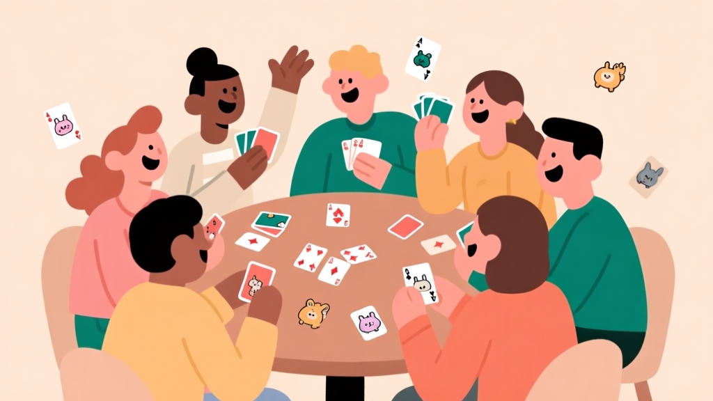 A minimalist flat design illustration of a joyful, diverse group of people around a table, playing a card game. Cards are scattered, some with small, cute creature icons (Nibbys). Soft, warm color palette, clean lines, focus on interaction and excitement. high quality illustration, detailed, 16:9